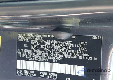 2012 Toyota Highlander Se V6 z USA, uszkodzony, nr VIN 5TDZK3EH4CS086979